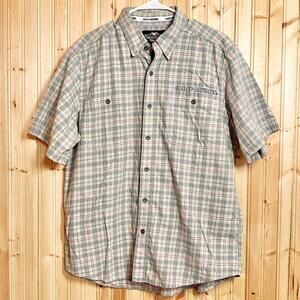 Harley Davidson Motor Clothes Button Shirt Sz L Tan Gray Orange Plaid Motorcycle